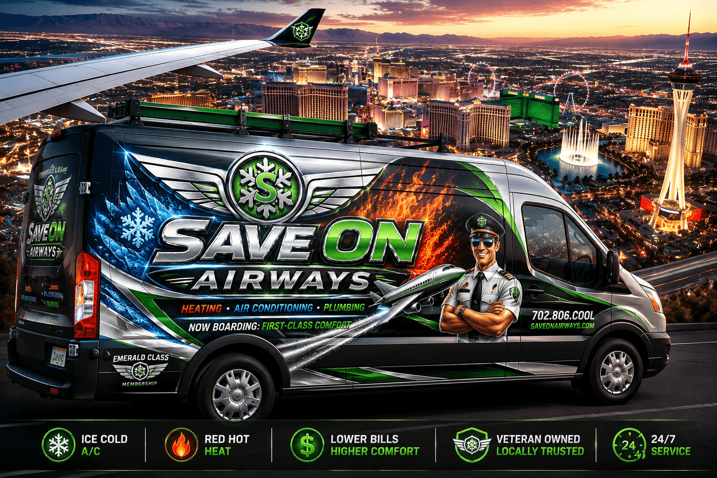 Save On Airways wrapped service van on the Las Vegas Strip — Now Boarding First-Class Comfort